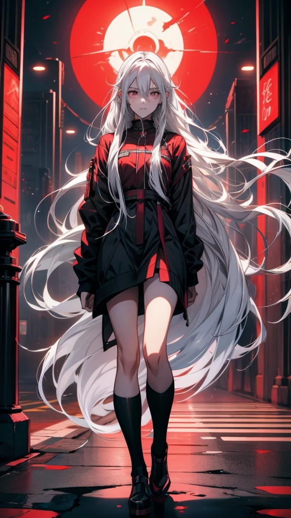 a picture of a woman of long white hair standing in front of a red light, Gray-haired deity, Gap Moe Yandere grimdark, Gap Moe Yandere, Gray-haired少女, Shiro from Deadman Wonderland, Gray-haired, of long white hair, White long hair, Crushing Despair, Flowing white hair, Long Hair Anime Girl, perfect Gray-haired girl