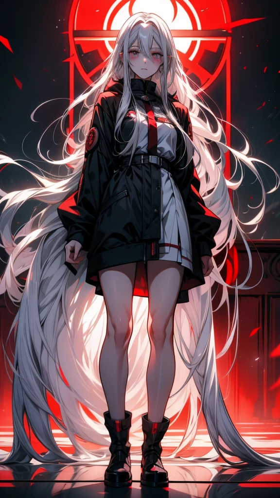 a picture of a woman of long white hair standing in front of a red light, Gray-haired deity, Gap Moe Yandere grimdark, Gap Moe Yandere, Gray-haired少女, Shiro from Deadman Wonderland, Gray-haired, of long white hair, White long hair, Crushing Despair, Flowing white hair, Long Hair Anime Girl, perfect Gray-haired girl