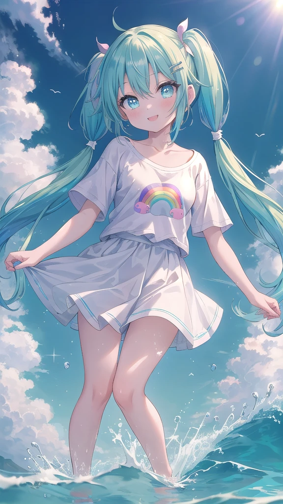 (8K, best quality, master piece: 1.2),super high resolution,1 girl, solo, full body ,ultra-detailed face, smile, Rainbow hair, (Pigtails:1.3), thin hair clip, cyan colorshift eyes, expressive eyes, collarbone, Ecstatic expression, Collarbone, only T-Shirts ,above her knees, sea , Splash, Fine particles of light,