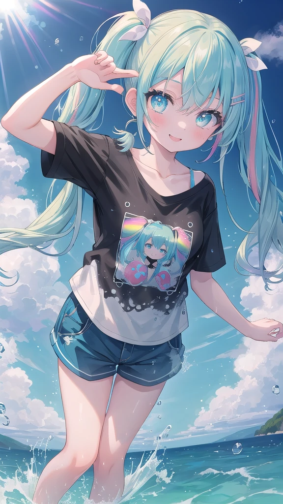 (8K, best quality, master piece: 1.2),super high resolution,1 girl, solo, full body ,ultra-detailed face, smile,  Rainbow hair, (Pigtails:1.3), thin hair clip, cyan colorshift eyes, expressive eyes, collarbone, Ecstatic expression, Collarbone, only T-Shirts ,above her knees, sea , Splash, Fine particles of light,
