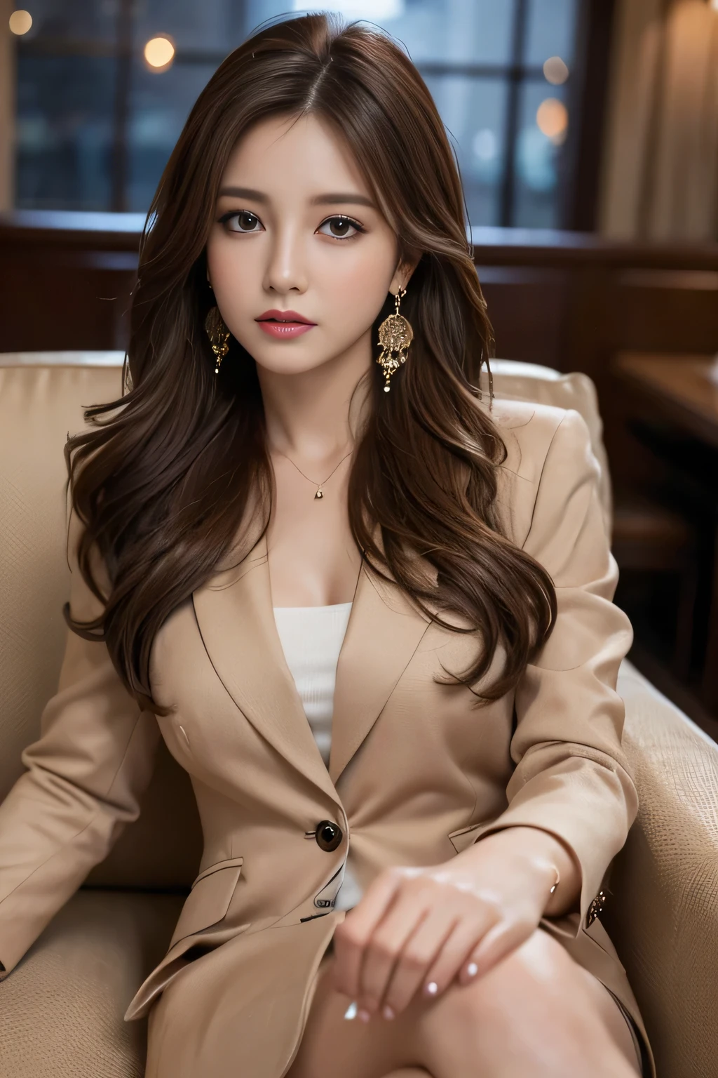 masterpiece, Highest quality, Realistic, Very detailed, Finer details, High resolution, 8k wallpaper, One beautiful woman, Wear a nice suit, In a great restaurant, At night, Light brown messy hair, Perfect dynamic composition, Beautiful and beautiful eyes、Big earrings、Sit on the sofa、