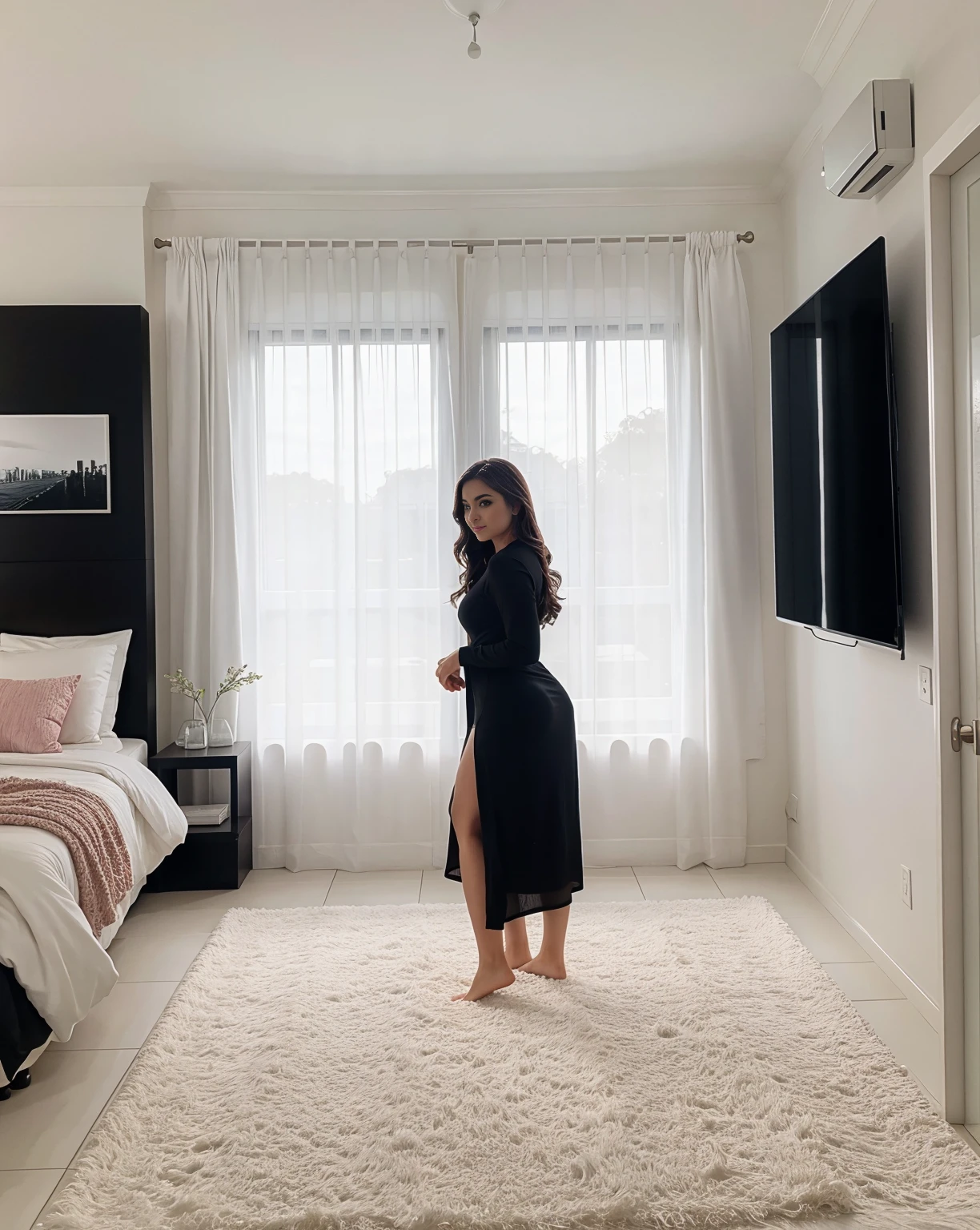 A beautiful young Brazilian woman, with the (extremely pale skin:1).wearing a black dress. standing, in a large room, with a bed with pink sheets, window overlooking the pool, Full body photo, 4k, high quality,