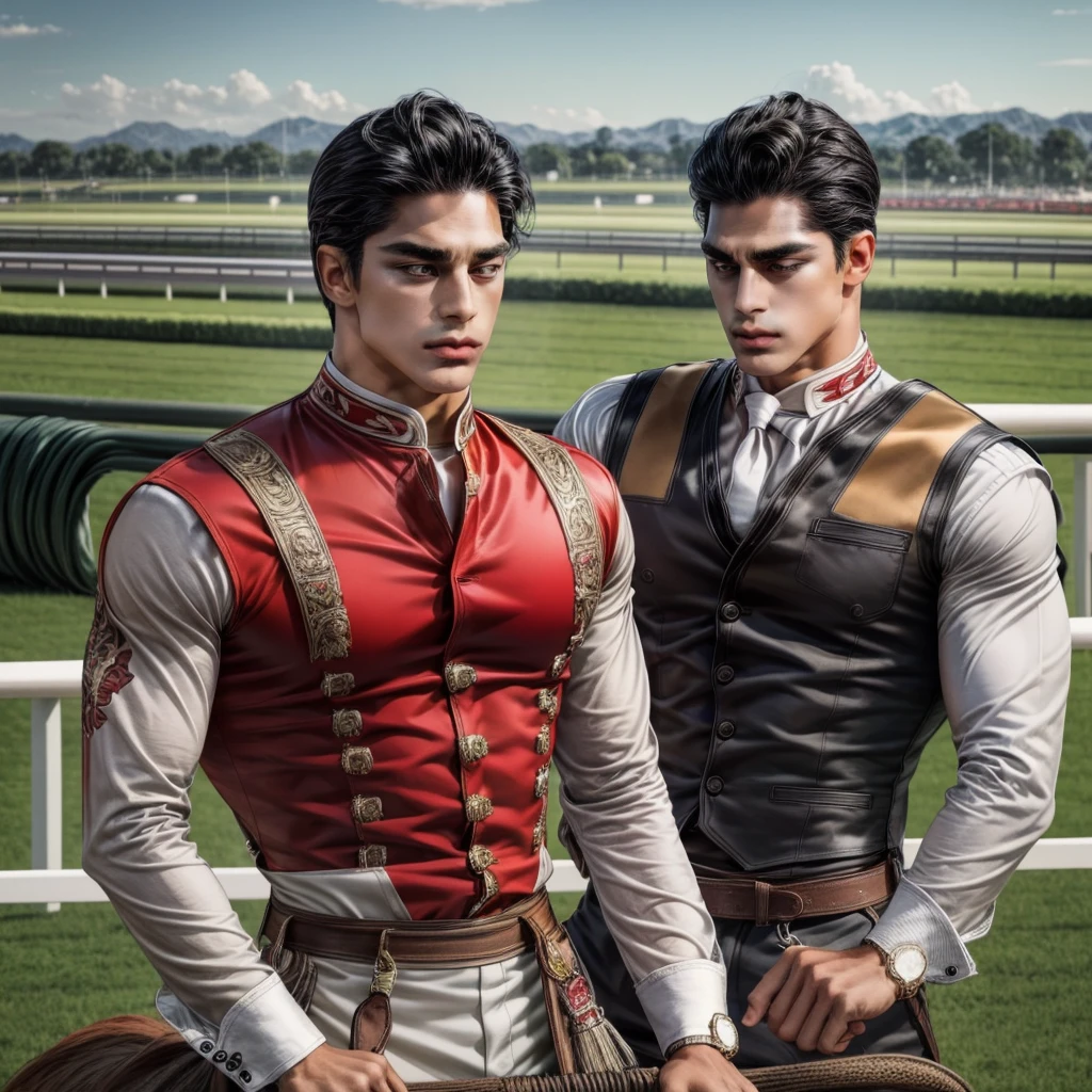 One man that is a muscular, attractive, black hair with somewhat tan skin, brown eyes, sharp jawline, thick eyebrows, racing silks outfit with bright and colorful colors inspired by polo men. Horse race track in the background With people riding horses.