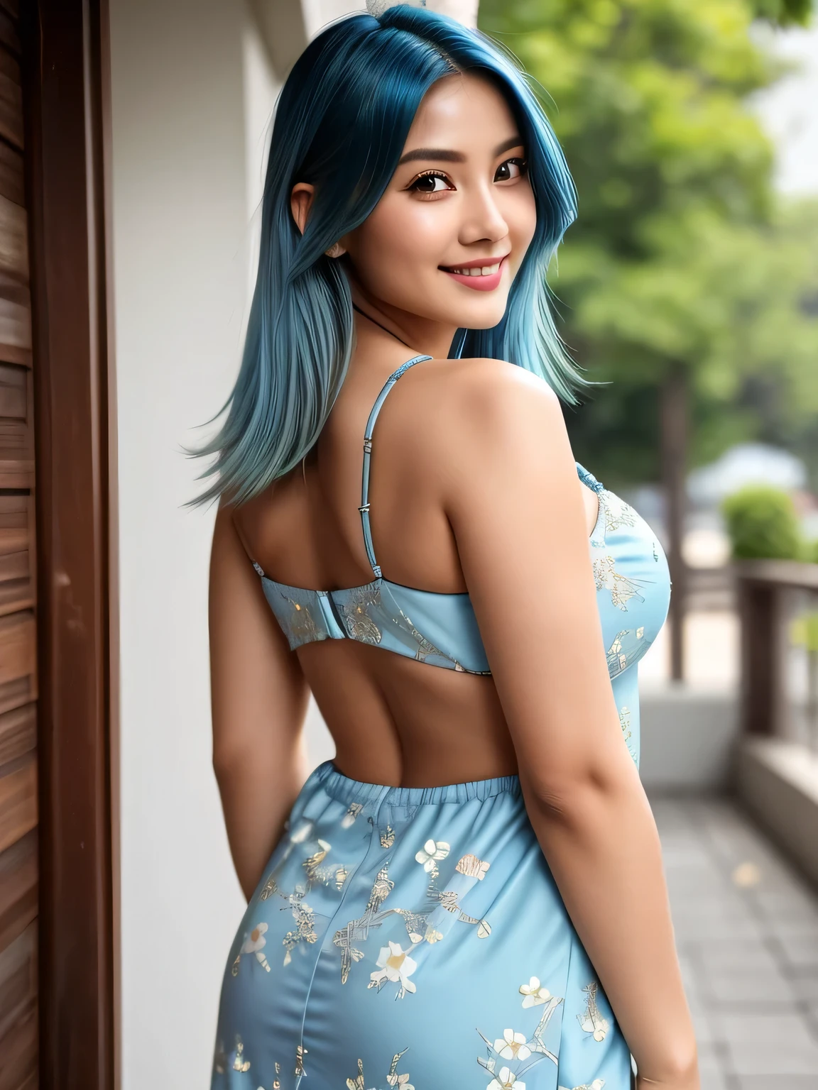 (blue hair:1.4), short hair, realistic green eyes, cobalt hair, long bob hair, tousled hair, shoulder length hair, Full body, woman with white skin and Asian features, 24 year old, big breast. She has a small, elegant nose with a slight upward curve at the tip. Her lips are full and naturally pink, with a well-defined Cupid's bow. Her teeth are straight and white, enhancing her captivating smile. Her face has an oval shape with high cheekbones that add to her model-like appearance. (crack), detailed (texture!, shine, color!!, flaws: 1.1), highly detailed glowing eyes, (looking at camera), specular light, dslr, extreme quality, crystal clear, cute face, detailed skin pores, oil Dark skin, brown, complex eye details, she is far from the camera, A full-body portrait, captured from a distance. Dynamic Frame, 8K, RAW, Best quality, high resolution, woman standing on the market, beautiful design, wearing a beautiful tight baju kurung, beautiful clothes, very beautiful style, floral patterned dress, beautiful masterpiece, beautiful dress, wearing a graceful dress, very beautiful masterpiece, fine details, beautiful dress, full dress closed, very beautiful and graceful, very detailed, big breasts,big round buttocks, from behind, (looking at the audience, (looking back:1.2), facial details, double eyelids, smiling), without bangs, (short hair:1.3)