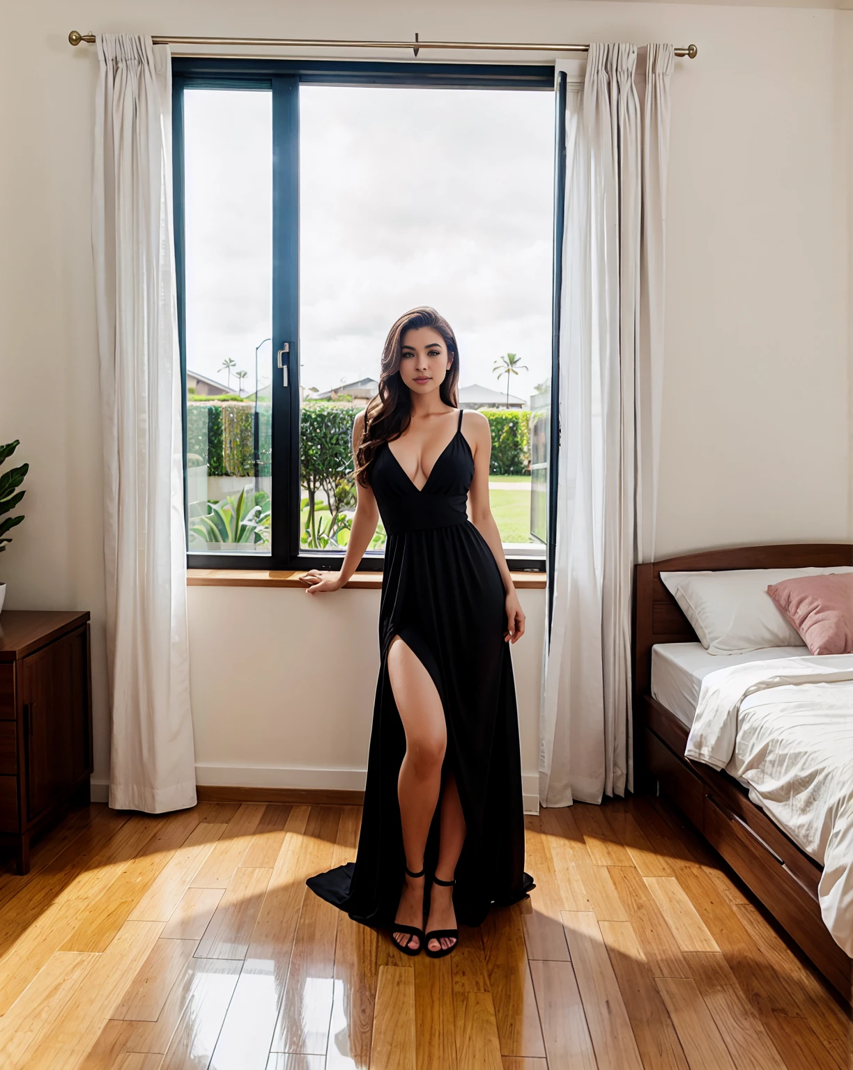 A beautiful young Brazilian woman, with the (extremely pale skin:1).wearing a black dress. standing, in a large room, with a bed with pink sheets, window overlooking the pool, Full body photo, 4k, high quality,