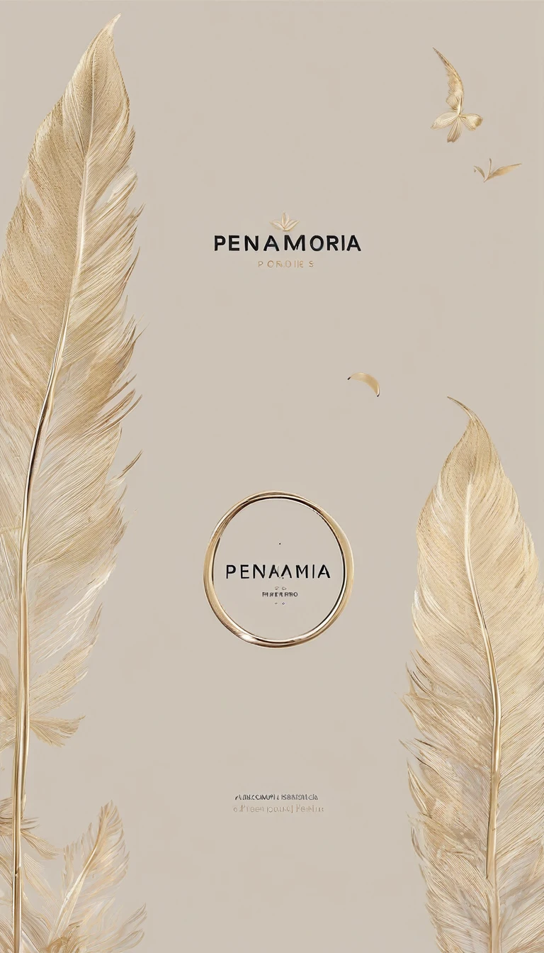 A minimal, modern, simple, cinematic logo design for the brand “Penamemoria". Create a modern, minimalistic, high-quality, logo of a dreamy. fantastic, poetic, masterpiece golden feather of Memories