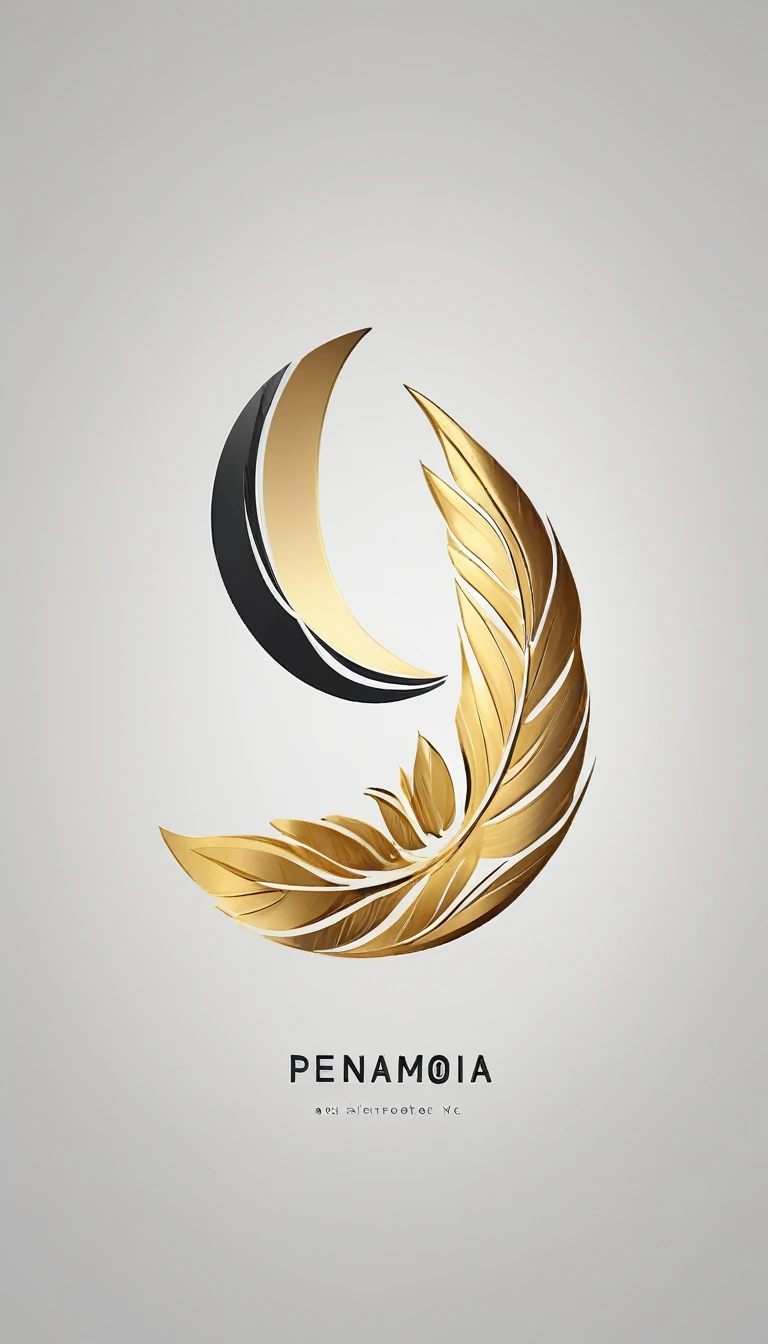 A minimal, modern, simple, cinematic logo design for the brand “Penamemoria". Create a modern, minimalistic, high-quality, logo of a dreamy. fantastic, poetic, masterpiece  golden feather of Memories
