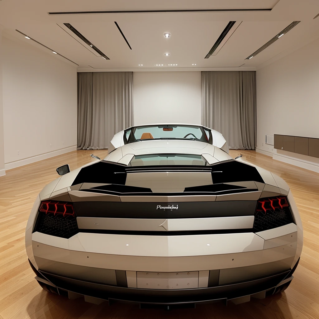 Back view of a lambo in a showcase room
