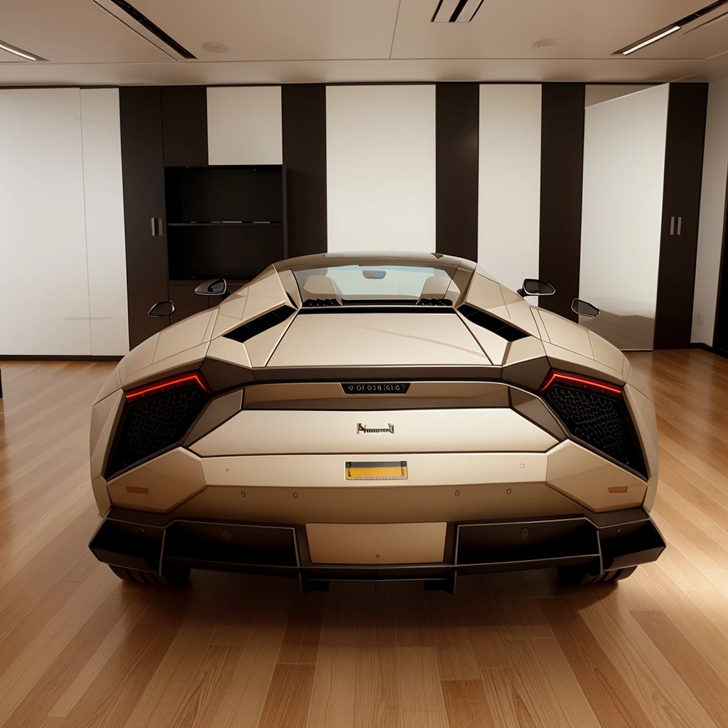 Back view of a lambo in a showcase room
