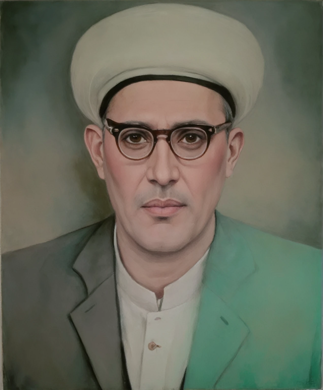 painting of a man in a hat and glasses wearing a suit, inspired by Abdur Rahman Chughtai, traditional portrait, raden saleh, by Abdur Rahman Chughtai, mohamed chahin, mahmud barzanji, inspired by Bikash Bhattacharjee, painting of a man, oil on canvas, potrait, inspired by Sardar Sobha Singh