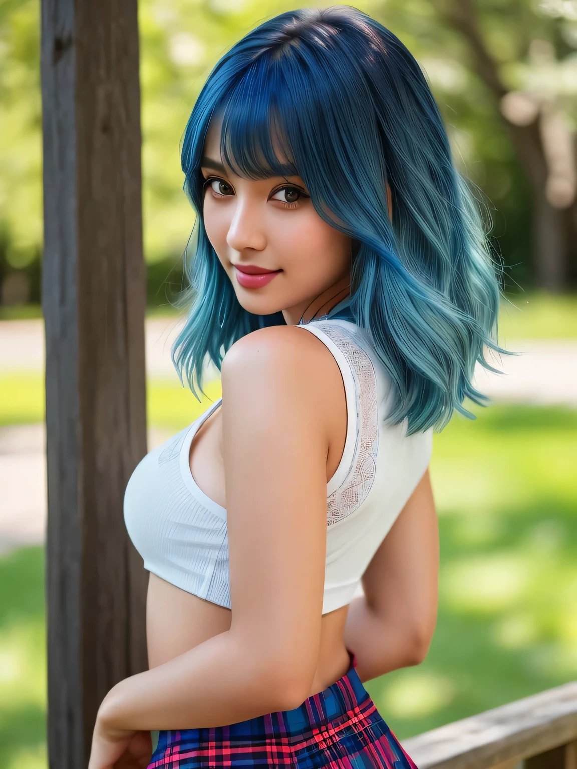 (blue hair:1.4), short hair, realistic green eyes, cobalt hair, long bob hair, tousled hair, shoulder length hair, Full body, woman with white skin and Asian features, 24 year old, big breast. She has a small, elegant nose with a slight upward curve at the tip. Her lips are full and naturally pink, with a well-defined Cupid's bow. Her teeth are straight and white, enhancing her captivating smile. Her face has an oval shape with high cheekbones that add to her model-like appearance. (crack), detailed (texture!, shine, color!!, flaws: 1.1), highly detailed glowing eyes, (looking at camera), specular light, dslr, extreme quality, crystal clear, cute face, detailed skin pores, oil Dark skin, brown, complex eye details, she is far from the camera, A full-body portrait, captured from a distance. Dynamic Frame, 8K, Best quality, masterpiece, ultra high res, film grain, looking at viewer, natural skin texture, realistic eye and face details, full lips, lipstick, (makeup), red eyeshadow, smile, close mouth, beautiful legs, tall female, skinny, slim_legs, solo, enormous breast, cleavage, Pose with buttocks facing you, ultra short skirt, ass, shirt, beautiful nature location, around flower location, (detailed background), plaid skirt, white shirt, cleavage, Show a little cleavage through the shirt, loafers, blurry background, blurry, holding, plaid, short sleeves, jk ribbon on the neck, jk ribbon, bracelet, water, bangs, , jewelry, parted lips, lips, from side, pleated skirt, depth of field, (short hair:1.3)