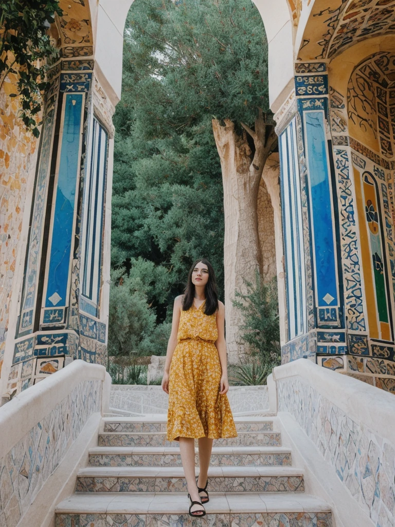 her name is Amelie, high quality, 1girl, ((25-year-old fit Caucasian woman)), ((25 years old)), ((SLIM)), ((Micro Bob dark hair)), pose: standing, wearing Popular Generation-Z modern wear elegant colored, BACKGROUND:"In Park Güell, surrounded by Gaudí's colorful mosaics and with a view of the city and the Mediterranean Sea."