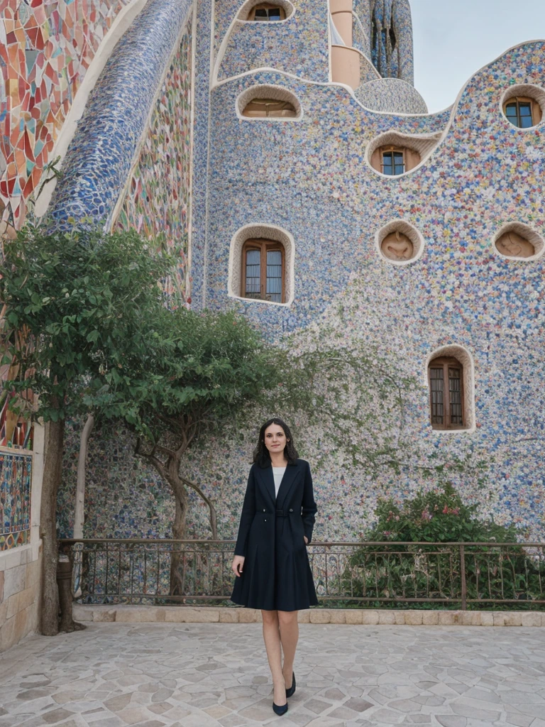 her name is Amelie, high quality, 1girl, ((25-year-old fit Caucasian woman)), ((25 years old)), ((SLIM)), ((Micro Bob dark hair)), pose: standing, wearing Popular Generation-Z modern wear elegant colored, BACKGROUND:"In Park Güell, surrounded by Gaudí's colorful mosaics and with a view of the city and the Mediterranean Sea."