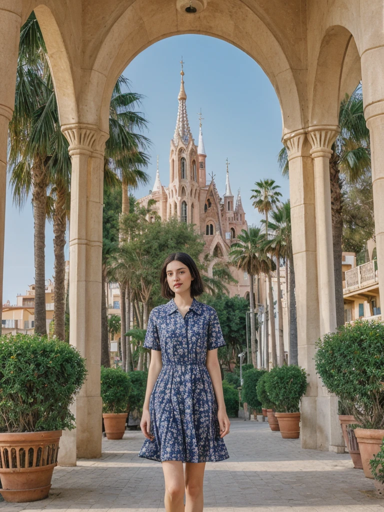 her name is Amelie, high quality, 1girl, ((25-year-old fit Caucasian woman)), ((25 years old)), ((SLIM)), ((Micro Bob dark hair)), pose: standing, wearing Popular Generation-Z modern wear elegant colored, BACKGROUND:"In Park Güell, surrounded by Gaudí's colorful mosaics and with a view of the city and the Mediterranean Sea."