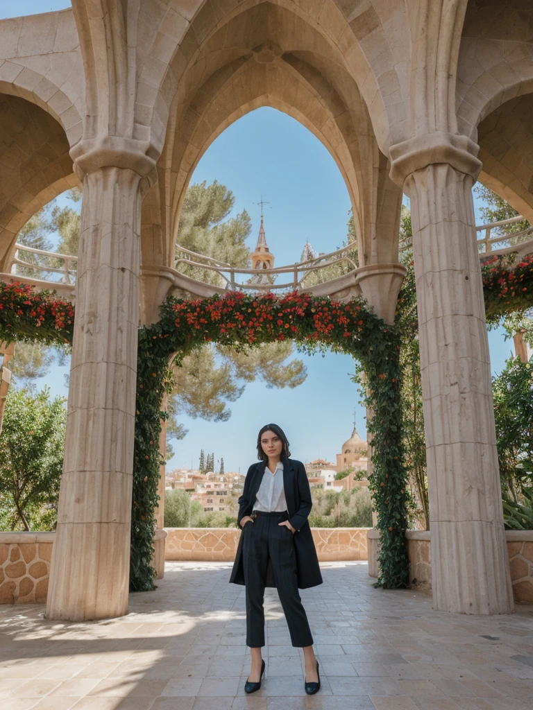 her name is Amelie, high quality, 1girl, ((25-year-old fit Caucasian woman)), ((25 years old)), ((SLIM)), ((Micro Bob dark hair)), pose: standing, wearing Popular Generation-Z modern wear elegant colored, BACKGROUND:"In Park Güell, surrounded by Gaudí's colorful mosaics and with a view of the city and the Mediterranean Sea."