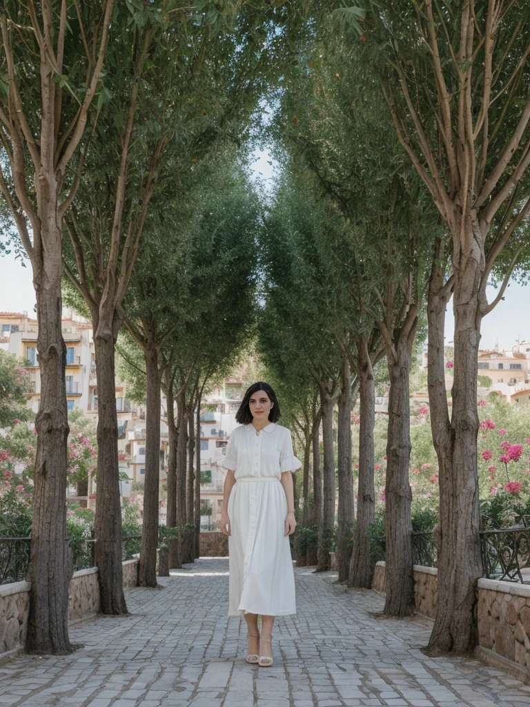 her name is Amelie, high quality, 1girl, ((25-year-old fit Caucasian woman)), ((25 years old)), ((SLIM)), ((Micro Bob dark hair)), pose: standing, wearing Popular Generation-Z modern wear elegant colored, BACKGROUND:"In Park Güell, surrounded by Gaudí's colorful mosaics and with a view of the city and the Mediterranean Sea."