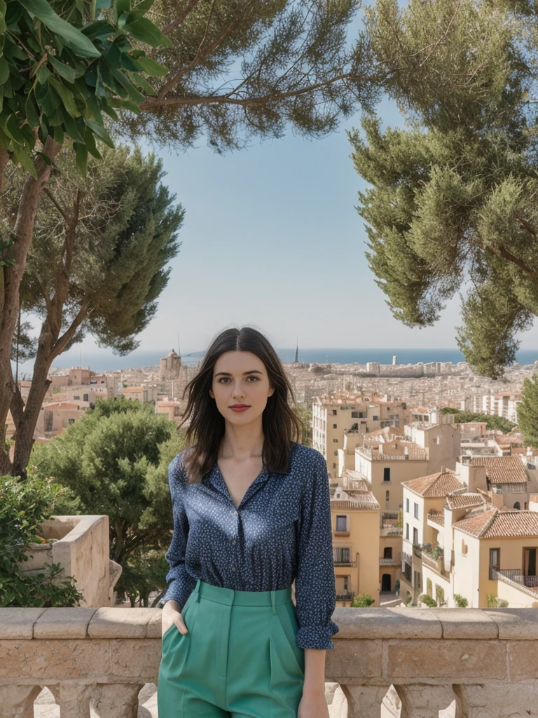 her name is Amelie, high quality, 1girl, ((25-year-old fit Caucasian woman)), ((25 years old)), ((SLIM)), ((Micro Bob dark hair)), pose: standing, wearing Popular Generation-Z modern wear elegant colored, BACKGROUND:"In Park Güell, surrounded by Gaudí's colorful mosaics and with a view of the city and the Mediterranean Sea."