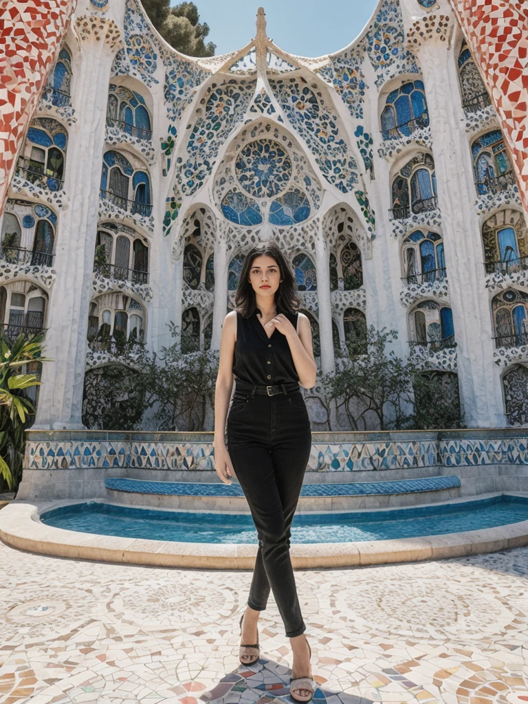 her name is Amelie, high quality, 1girl, ((25-year-old fit Caucasian woman)), ((25 years old)), ((SLIM)), ((Micro Bob dark hair)), pose: standing, wearing Popular Generation-Z modern wear elegant colored, BACKGROUND:"In Park Güell, surrounded by Gaudí's colorful mosaics and with a view of the city and the Mediterranean Sea."