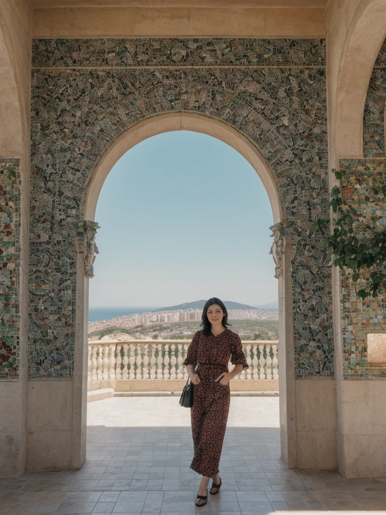 her name is Amelie, high quality, 1girl, ((25-year-old fit Caucasian woman)), ((25 years old)), ((SLIM)), ((Micro Bob dark hair)), pose: standing, wearing Popular Generation-Z modern wear elegant colored, BACKGROUND:"In Park Güell, surrounded by Gaudí's colorful mosaics and with a view of the city and the Mediterranean Sea."