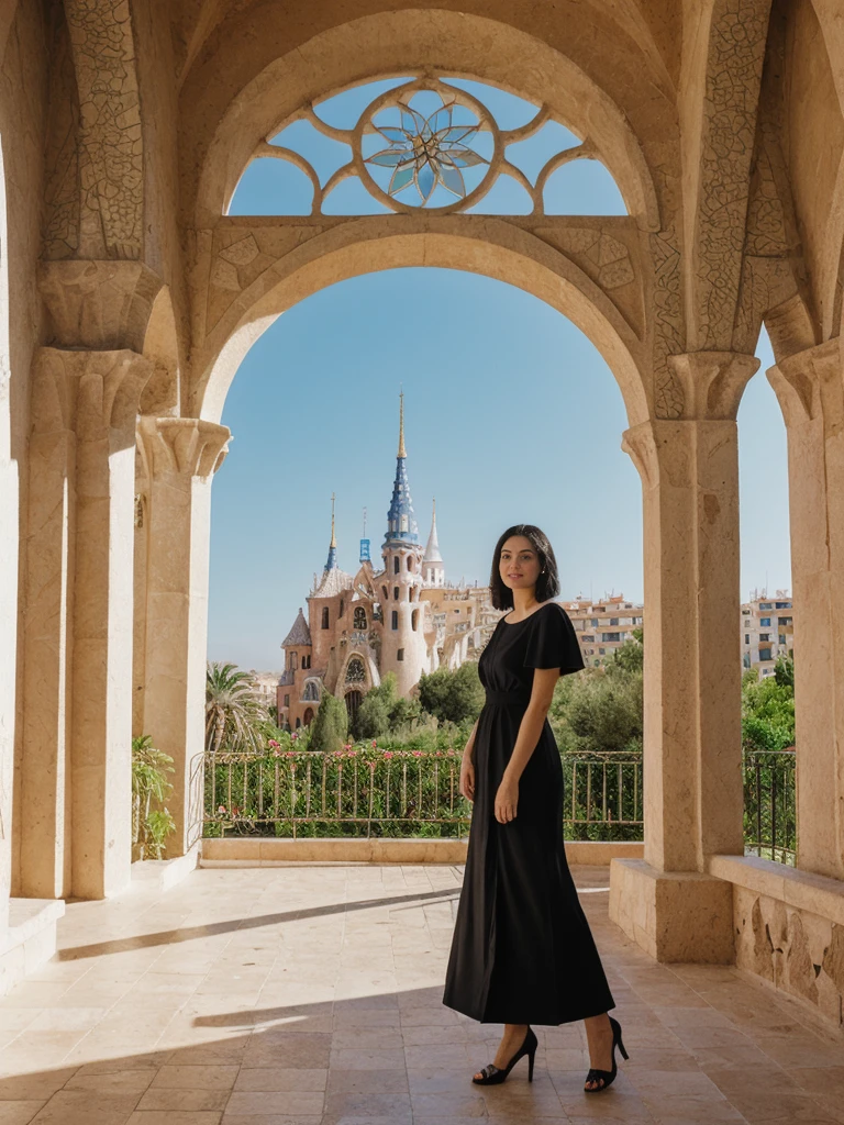 her name is Amelie, high quality, 1girl, ((25-year-old fit Caucasian woman)), ((25 years old)), ((SLIM)), ((Micro Bob dark hair)), pose: standing, wearing Popular Generation-Z modern wear elegant colored, BACKGROUND:"In Park Güell, surrounded by Gaudí's colorful mosaics and with a view of the city and the Mediterranean Sea."