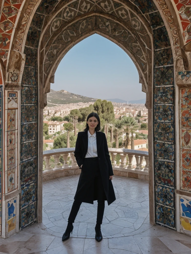 her name is Amelie, high quality, 1girl, ((25-year-old fit Caucasian woman)), ((25 years old)), ((SLIM)), ((Micro Bob dark hair)), pose: standing, wearing Popular Generation-Z modern wear elegant colored, BACKGROUND:"In Park Güell, surrounded by Gaudí's colorful mosaics and with a view of the city and the Mediterranean Sea."