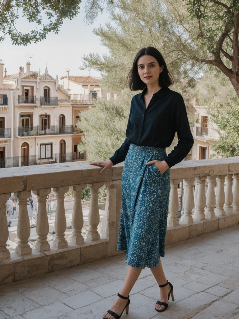 her name is Amelie, high quality, 1girl, ((25-year-old fit Caucasian woman)), ((25 years old)), ((SLIM)), ((Micro Bob dark hair)), pose: standing, wearing Popular Generation-Z modern wear elegant colored, BACKGROUND:"In Park Güell, surrounded by Gaudí's colorful mosaics and with a view of the city and the Mediterranean Sea."