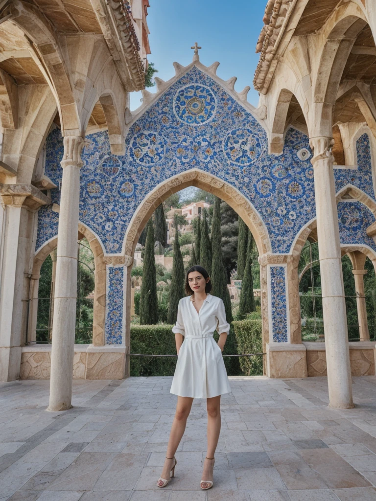 her name is Amelie, high quality, 1girl, ((25-year-old fit Caucasian woman)), ((25 years old)), ((SLIM)), ((Micro Bob dark hair)), pose: standing, wearing Popular Generation-Z modern wear elegant colored, BACKGROUND:"In Park Güell, surrounded by Gaudí's colorful mosaics and with a view of the city and the Mediterranean Sea."