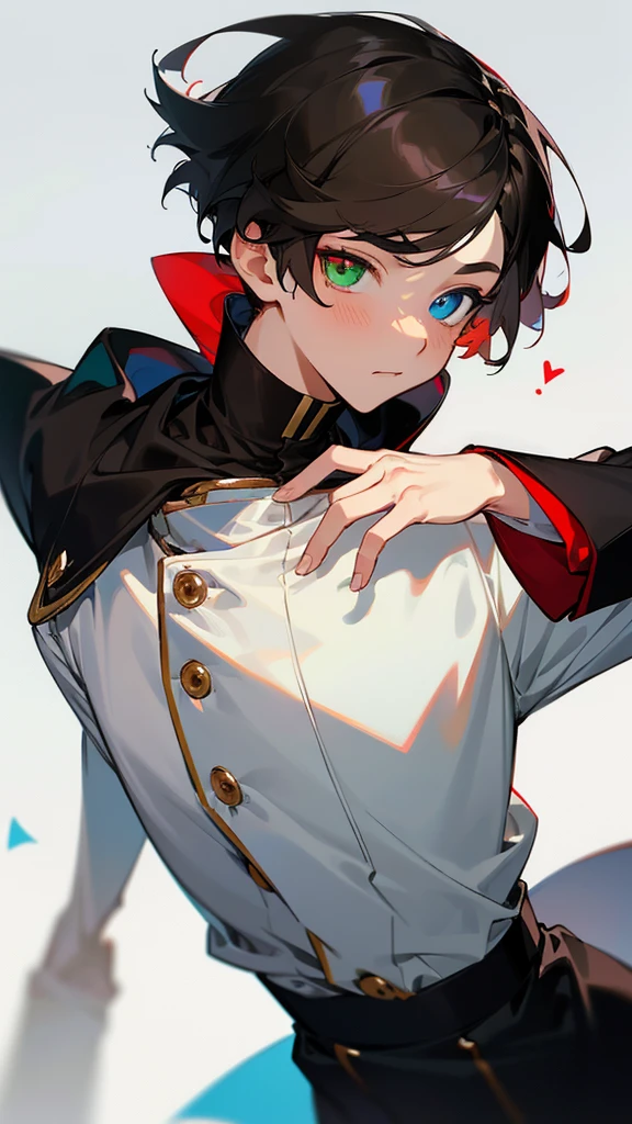 A boy who was in his student uniform was walking thoughtfully at a slow pace., He had facial features that made him look cute., His short hair was dark brown., He had heterochromia which differentiated him from the rest., with his left eye green and the other red, Looking at him, he seemed a little nervous.