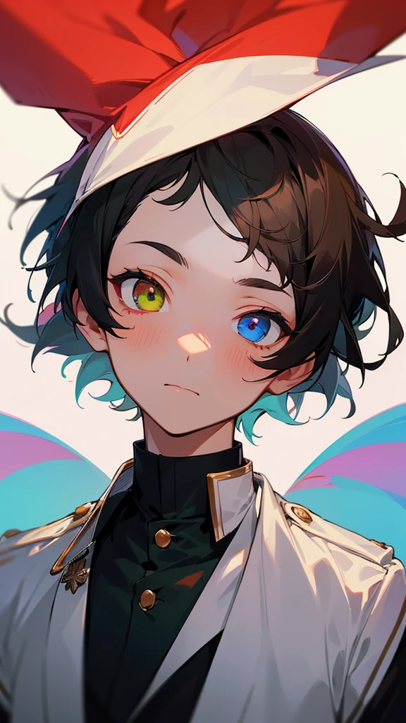 A boy who was in his student uniform was walking thoughtfully at a slow pace., He had facial features that made him look cute., His short hair was dark brown., He had heterochromia which differentiated him from the rest., with his left eye green and the other red, Looking at him, he seemed a little nervous.