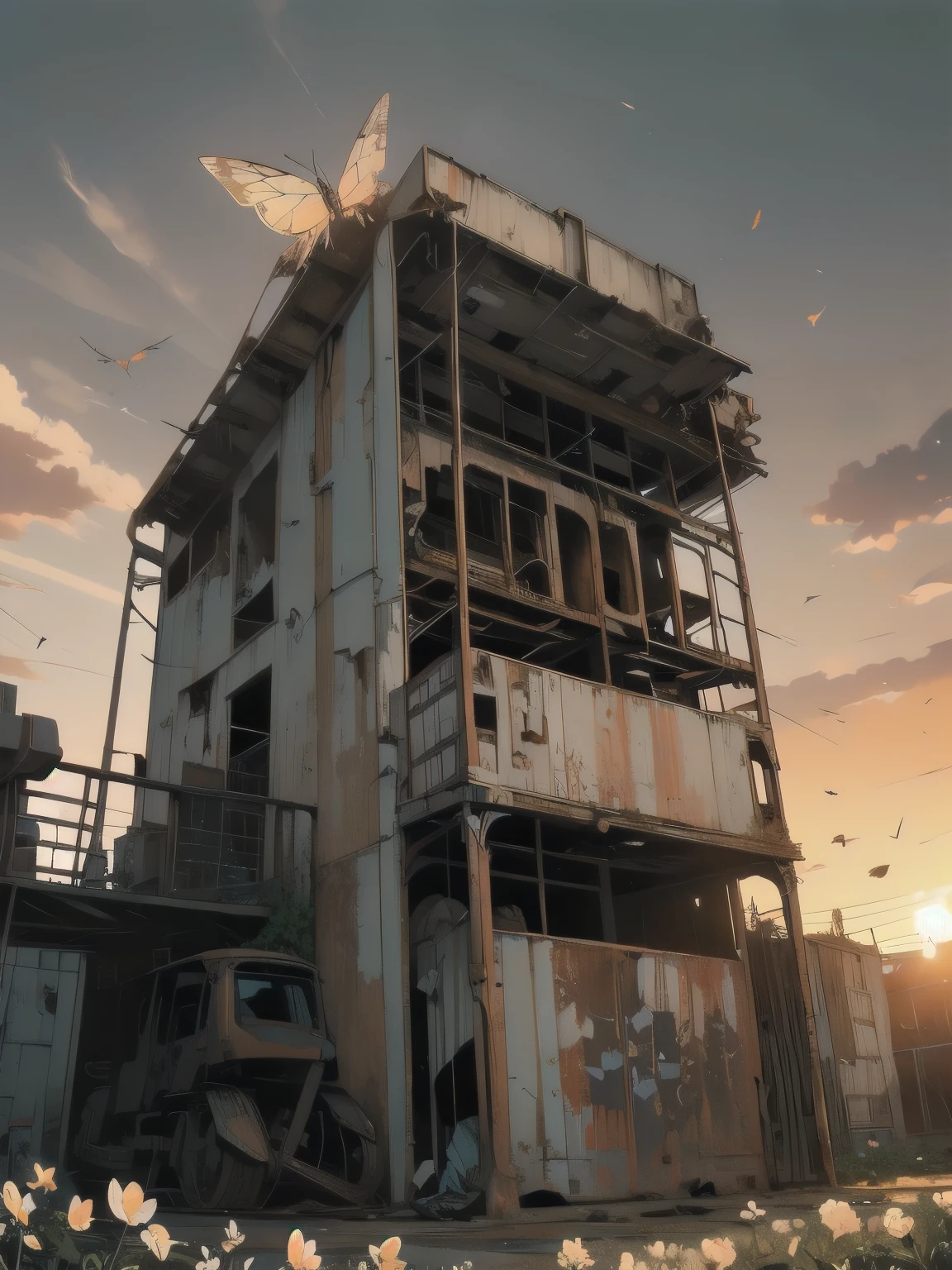 Detailed Machinery、Abandoned Factory、Atrium、(((White Flower Field)))、(((Rusty heavy equipment)))、Gorgeous light leaks、(((Sunset)))、fog、Detailed Background、Highest quality、(((No humans)))、Broken heavy machinery、Complex heavy machinery、Faint lighting、(((Fluttering white petals)))、sunset、(((Dull colors)))、(((Rusty detailed heavy machinery)))、(((Many white flowers fly)))、(((Heavy machinery covered in flowers)))、(((Lots of butterflies)))、(((Abandoned Garage)))