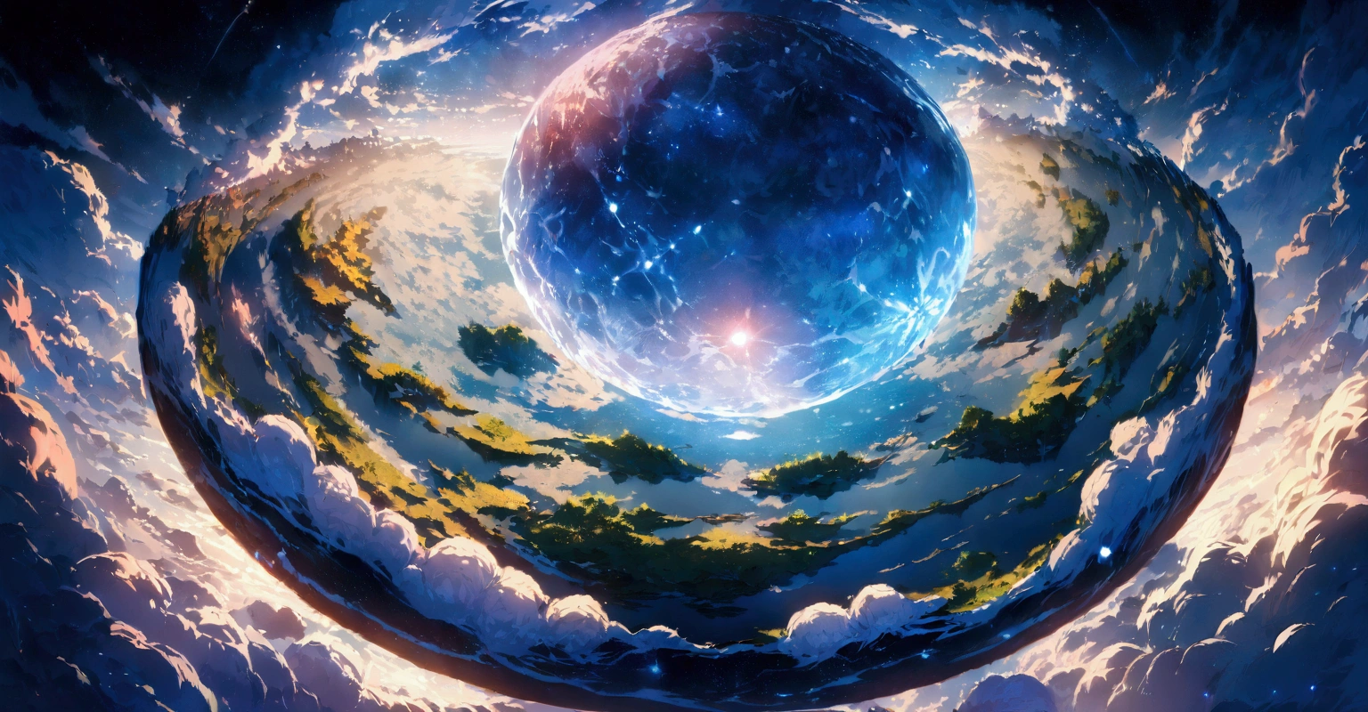 flat earth with ice walls around the edges, Very detailed CG Unity 8K 壁紙、Cinematic lighting、Lens flare、Beautiful detailed eyes、landscape、ultra HD、cloud、8K quality、Ultra Sharp、Real Light、surreal、Ridiculous Resolutions, High resolution, (masterpiece:1.4), Very detailed, View from above, space, floating