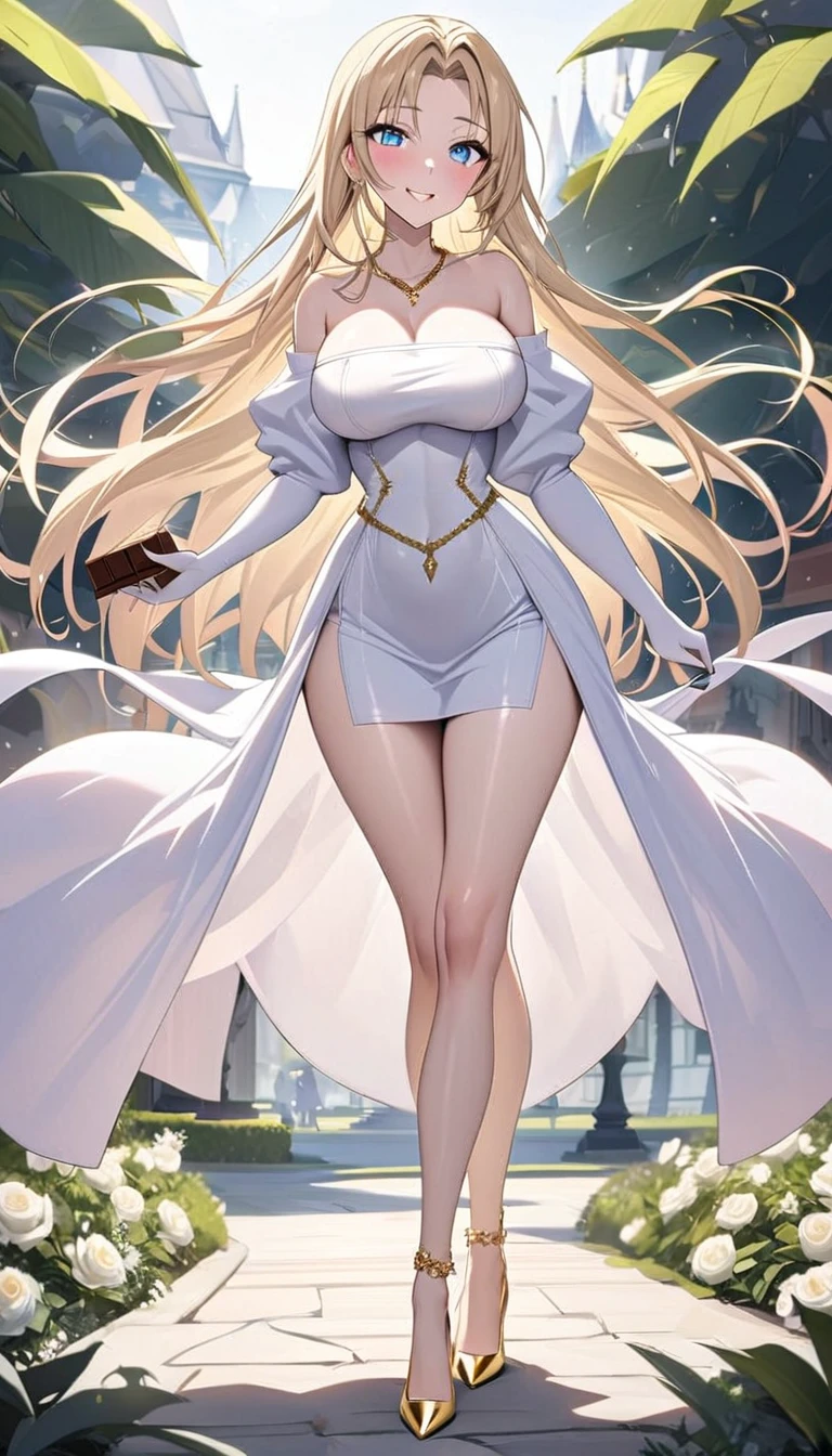 Blonde hair and blue eyes Long Hair Elf Large Breasts Wedding dress leotard mini skirt White Stockings White high heels Thighs in the forest erotic Beauty cute blush