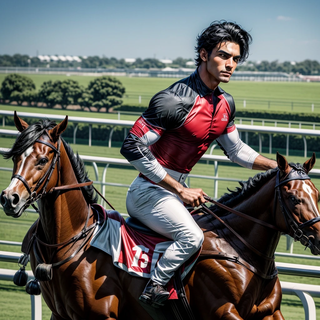 One man that is a muscular, attractive, black hair with somewhat tan skin, brown eyes, sharp jawline, thick eyebrows, racing silks outfit with bright and colorful colors inspired by polo men. Horse race track in the background With people riding horses.