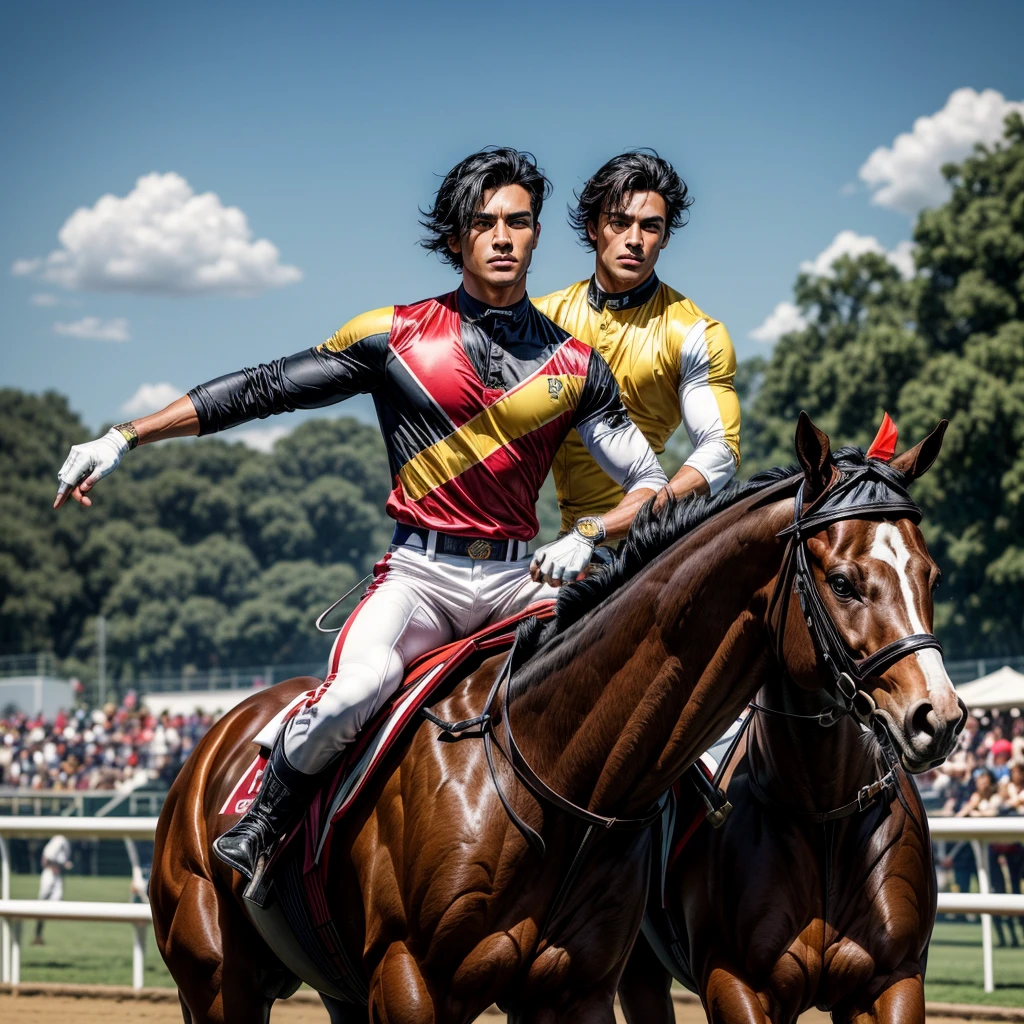 One man that is a muscular, attractive, black hair with somewhat tan skin, brown eyes, sharp jawline, thick eyebrows, racing silks outfit with bright and colorful colors inspired by polo men. Horse race track in the background With people riding horses.