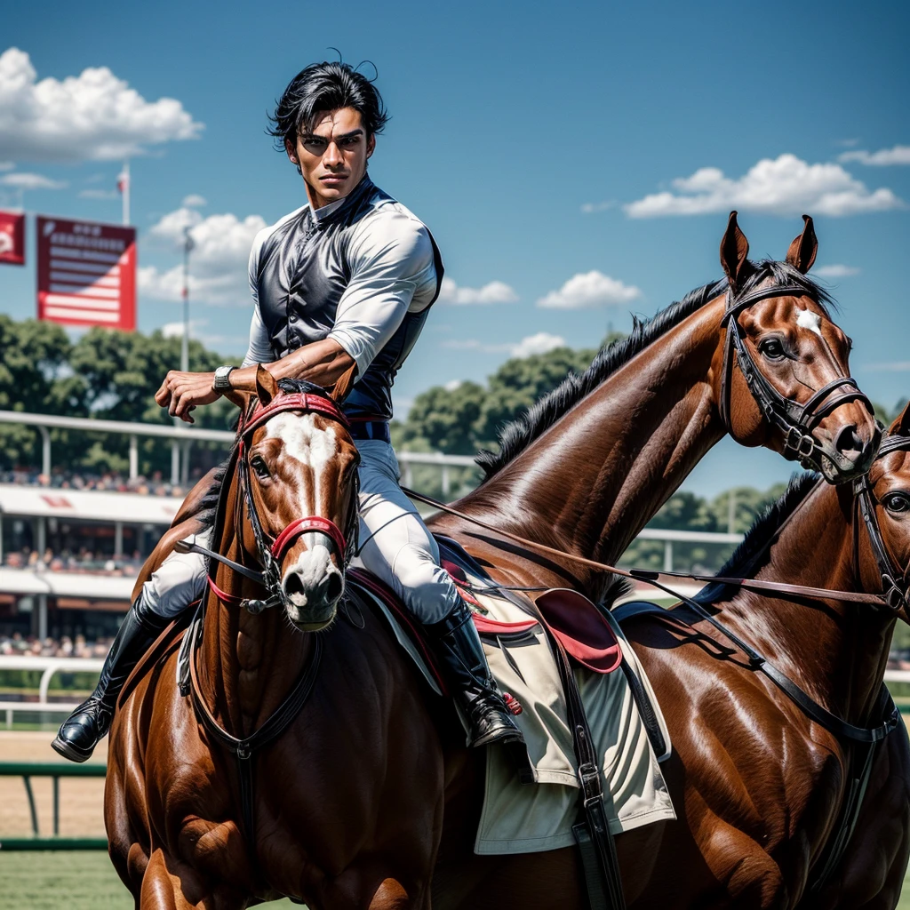 One man that is a muscular, attractive, black hair with somewhat tan skin, brown eyes, sharp jawline, thick eyebrows, racing silks outfit with bright and colorful colors inspired by polo men. Horse race track in the background With people riding horses.