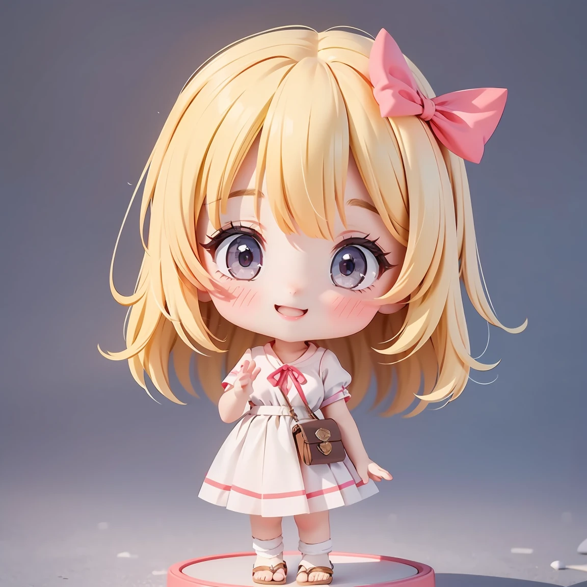  Super Chibi Character：1.8、wearing cute sandals、background：Simple all over、Blonde Hair、Cute 7 year old girl、Random cute outfits、Short legs、Sandals with ribbon、Super Happy Smile：1.8、Waving、Waving、Waving、Waving、Waving、