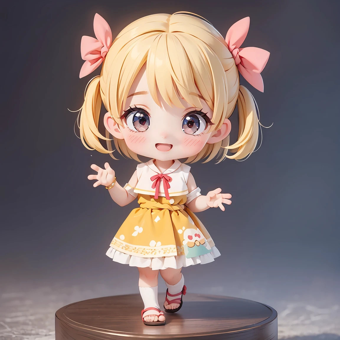  Super Chibi Character：1.8、wearing cute sandals、background：Simple all over、Blonde Hair、Cute 7  girl、Random cute outfits、Short legs、Sandals with ribbon、Super Happy Smile：1.8、Waving、Waving、Waving、Waving、Waving、