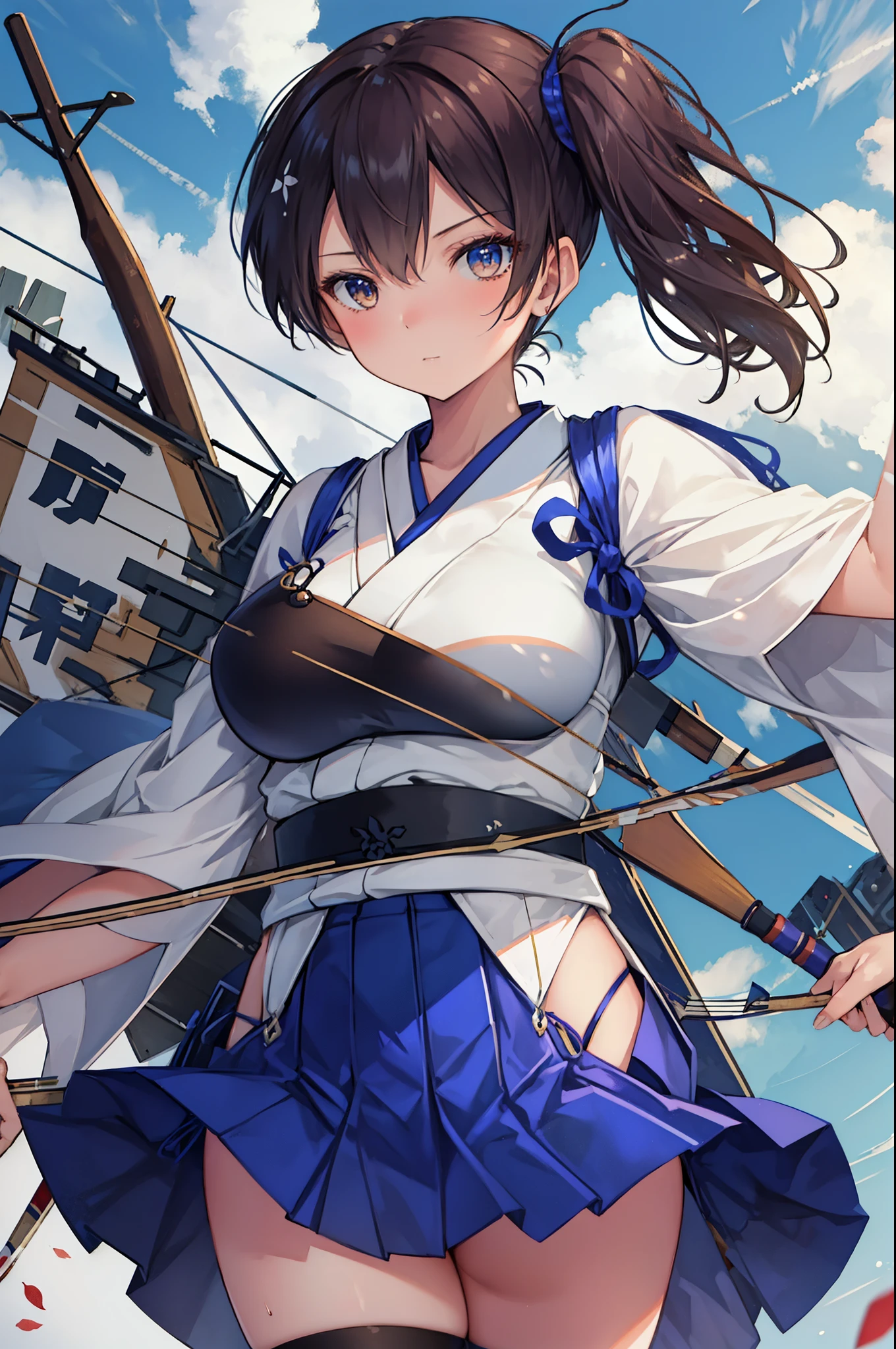 Kaga(Fleet Collection),highest quality, masterpiece, High resolution,kimono,blue skirt,side ponytail,big_breasts,solo,Japanese_bow&arrow,dynamic_posing,half_eyes,solo,plump,