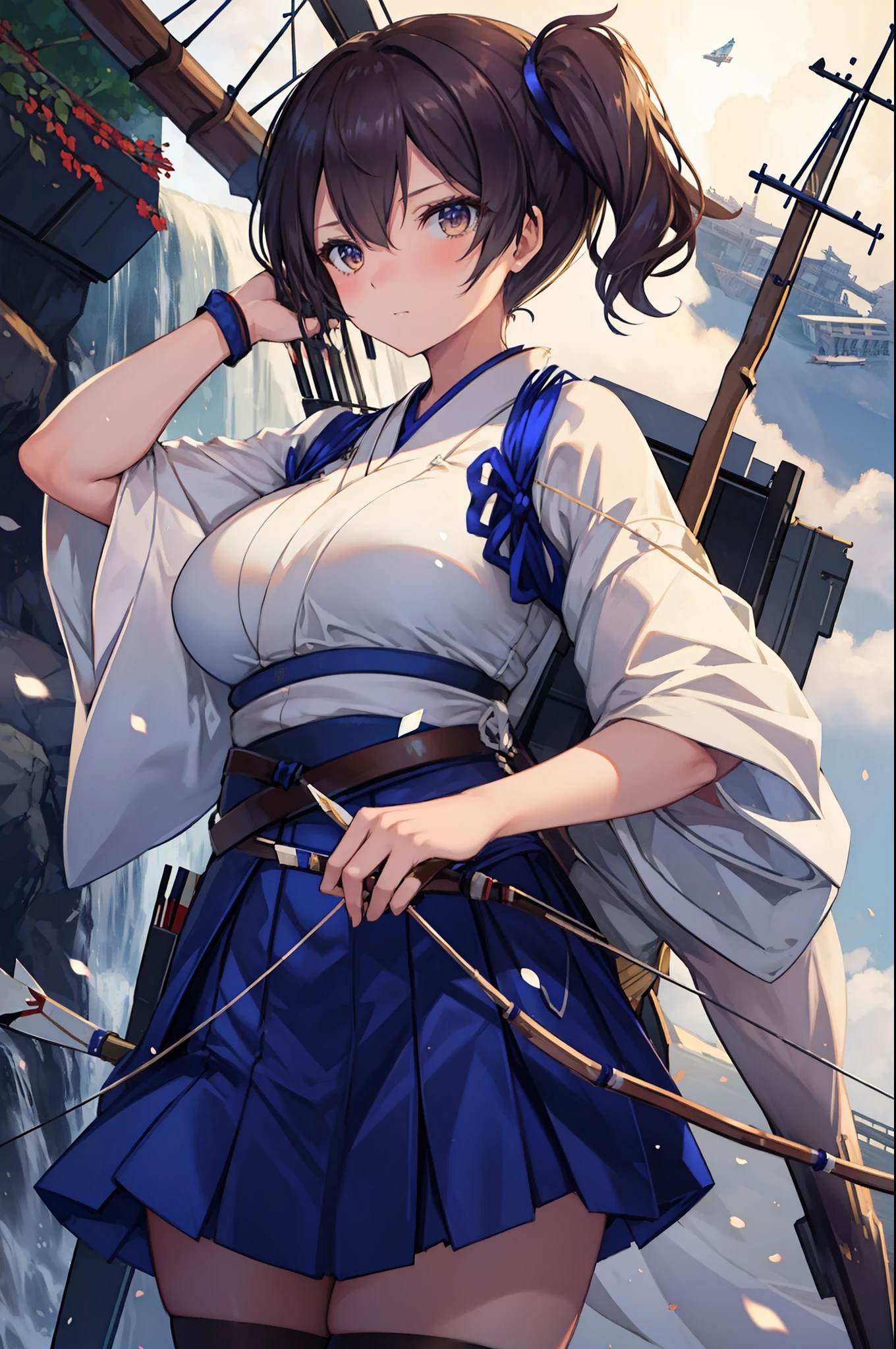 Kaga(Fleet Collection),highest quality, masterpiece, High resolution,kimono,blue skirt,side ponytail,big_breasts,solo,Japanese_bow&arrow,dynamic_posing,half_eyes,solo,plump,