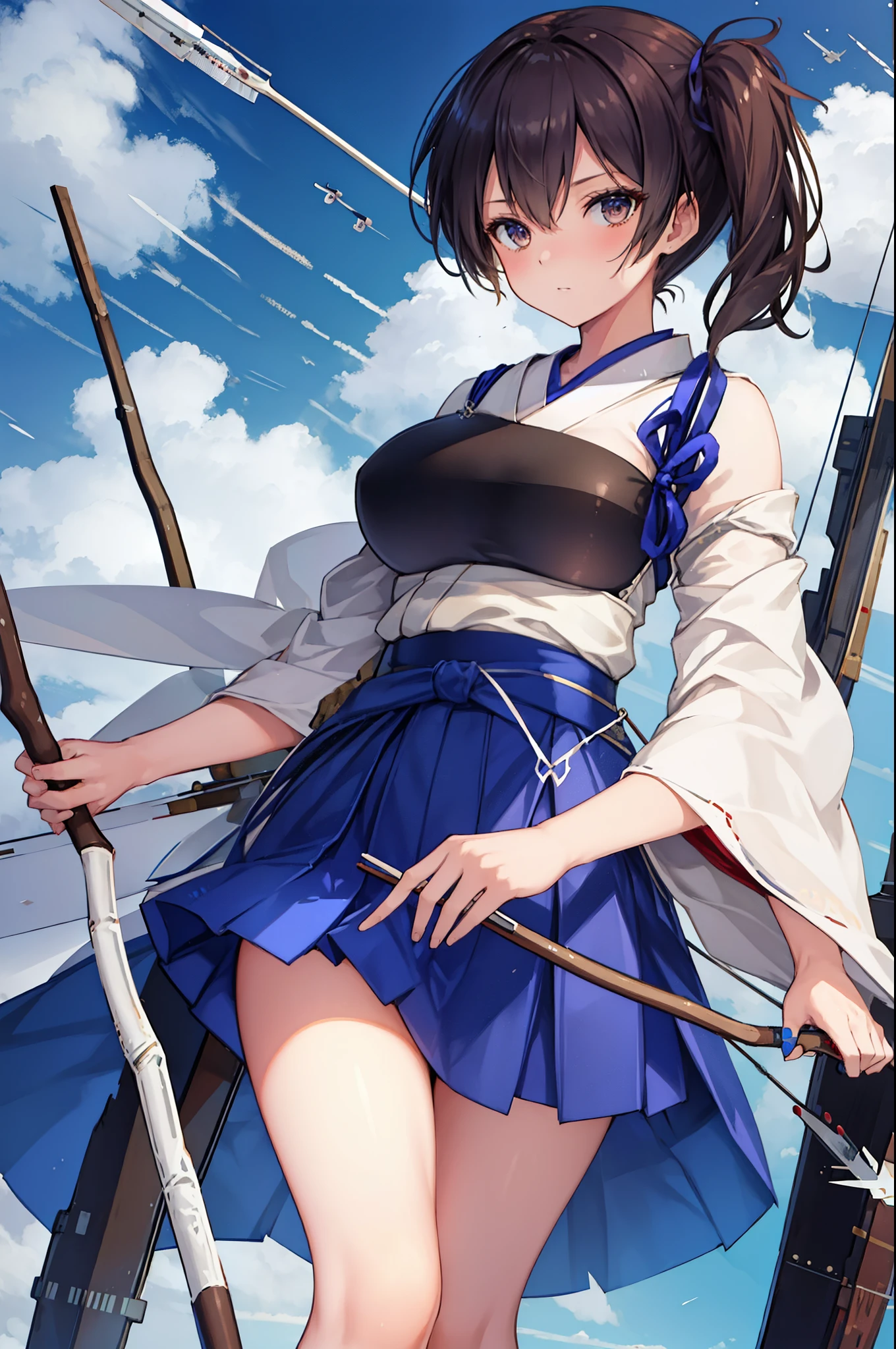 Kaga(Fleet Collection),highest quality, masterpiece, High resolution,kimono,blue skirt,side ponytail,big_breasts,solo,Japanese_bow&arrow,dynamic_posing,half_eyes,solo,plump,