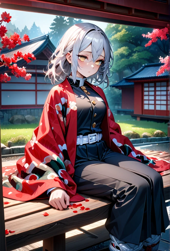 Ultra detailed, high resolution, absurd, HDR, masterpiece, anime girl, beautiful woman, long white hair with red streaks, expressive yellow eyes, red haori, black demon slayer uniform, wearing black pants,Kimetsu No Yaiba, fantasy , petals, red flowers, beautiful, woman sitting alone on a wooden bench, alone, afternoon, sun, forest next to a Japanese house, best quality, extremely detailed face and eyes, expressionless, apathetic, deep dark circles under the eyes of someone who hasn't slept, eyes without light