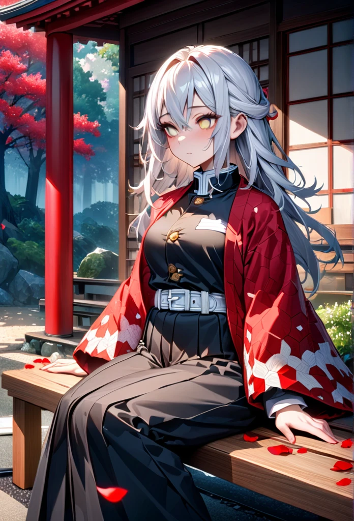 Ultra detailed, high resolution, absurd, HDR, masterpiece, anime girl, beautiful woman, long white hair with red streaks, expressive yellow eyes, red haori, black demon slayer uniform, wearing black pants,Kimetsu No Yaiba, fantasy , petals, red flowers, beautiful, woman sitting alone on a wooden bench, alone, afternoon, sun, forest next to a Japanese house, best quality, extremely detailed face and eyes, expressionless, apathetic, deep dark circles under the eyes of someone who hasn't slept, eyes without light