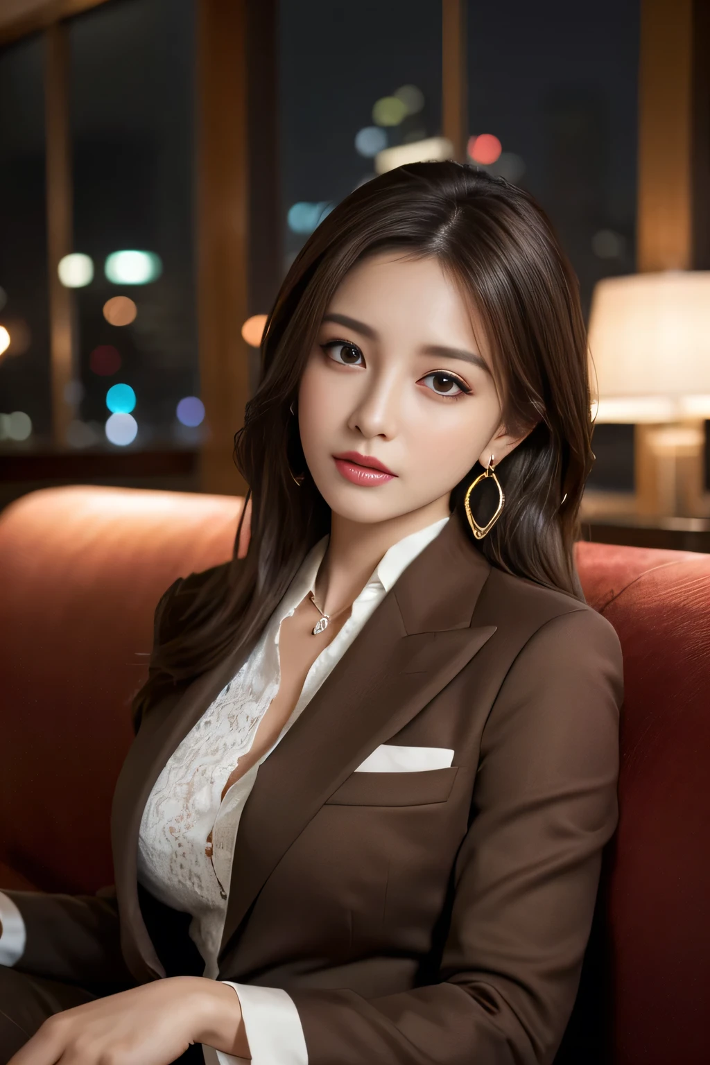 masterpiece, Highest quality, Realistic, Very detailed, Finer details, High resolution, 8k wallpaper, One beautiful woman, Wear a nice suit, In a great restaurant, At night, Light brown messy hair, Perfect dynamic composition, Beautiful and beautiful eyes、Big earrings、Sit on the sofa、