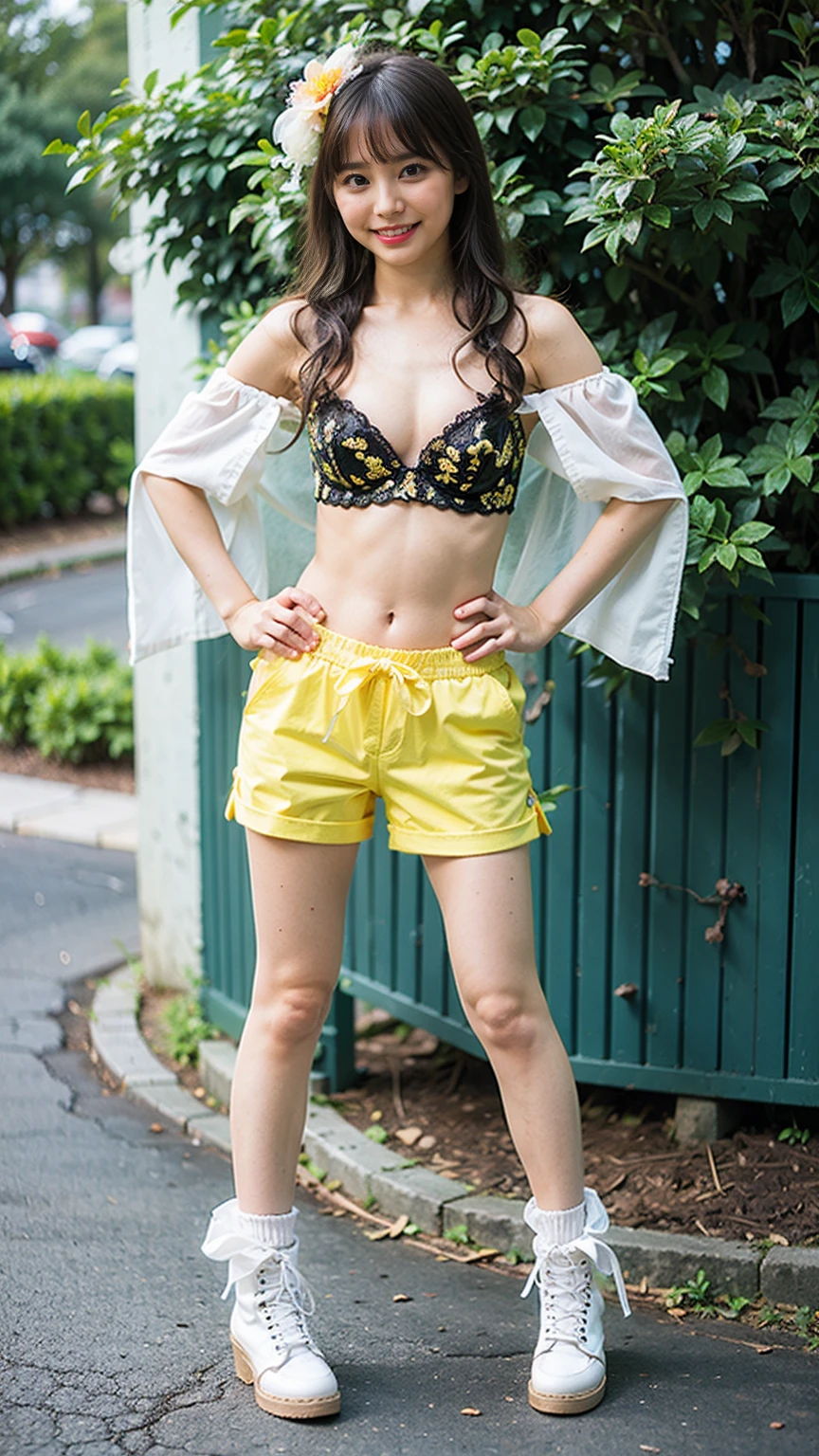 (8k、RAW Photos、Highest quality、masterpiece:1.2)、(Highest quality、Realistic)、1 Girl、((Frills、Yellow tube top、Shorts、leather、Off the shoulder、Idol Costume、ribbon、See-through、Thin legs、whole body、boots、garden、View from the front、Looking into the camera、Stand with hands on hips))、cute