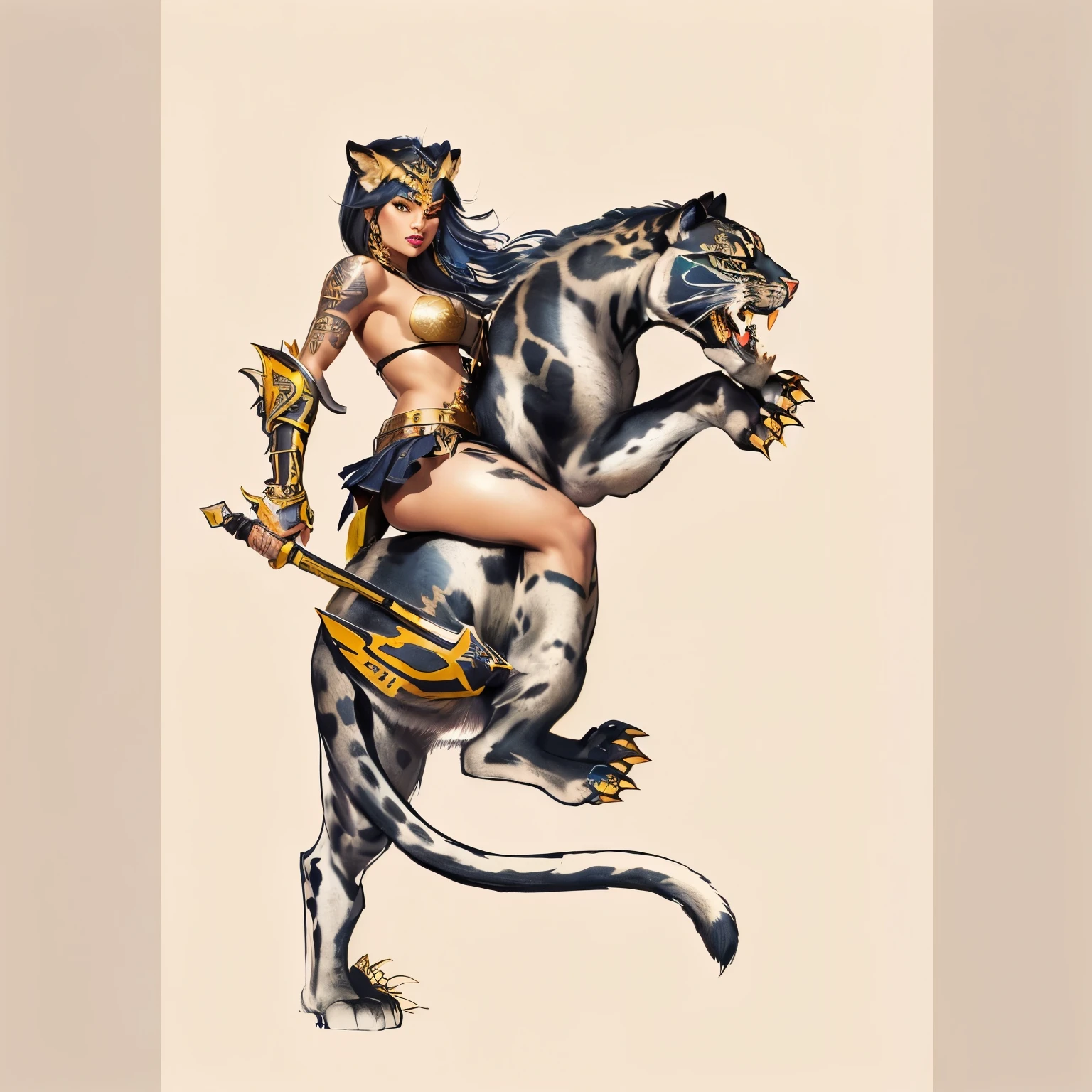 a close up of a woman riding a panther with a sword, colored illustration for tattoo, full color illustration, bastet, full color digital illustration, aztec warrior with jaguar mask, art cover illustration, epic full color illustration, of anthro leopard warlock, pinup. lord of daggers, sailor jerry tattoo flash, inspired by Frank Frazetta, by Viktor Oliva