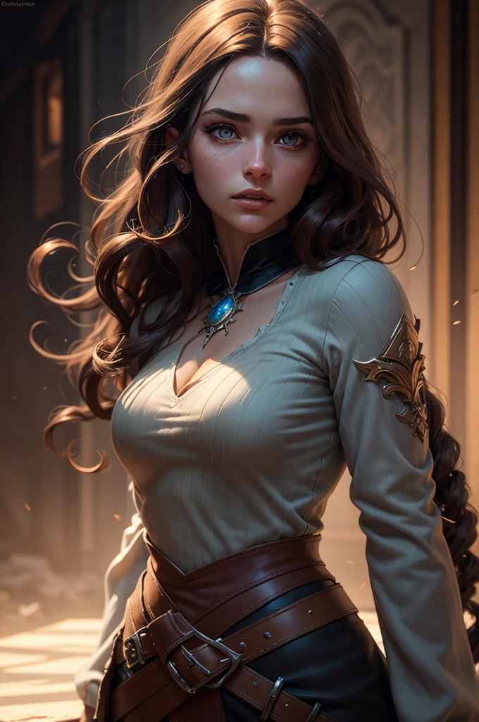 a beautiful young woman with long brown hair, everyday dress, fantasy character, masterfully detailed face, cinematic lighting, highly detailed, hyper realistic, octane render, muted color palette, dramatic chiaroscuro lighting