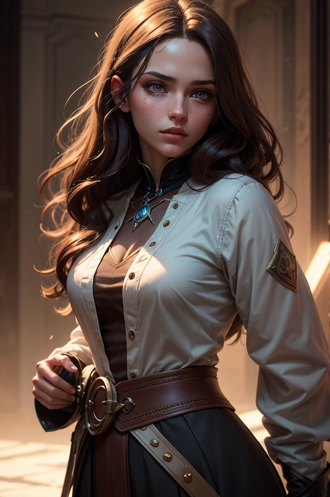 a beautiful young woman with long brown hair, everyday dress, fantasy character, masterfully detailed face, cinematic lighting, highly detailed, hyper realistic, octane render, muted color palette, dramatic chiaroscuro lighting