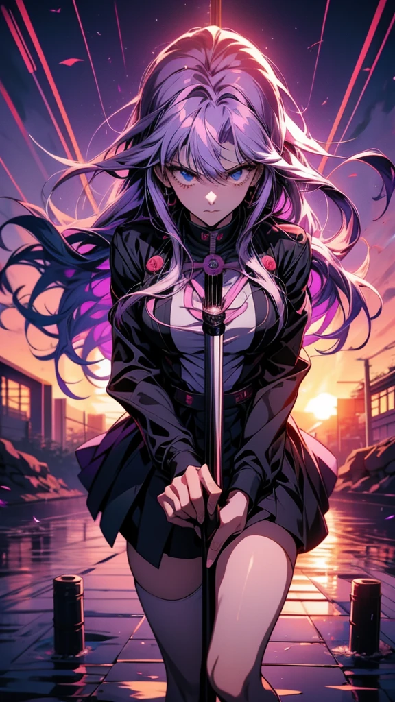 Long and purple haired anime girl holding a cane, anime style like fate/Stay Night, Hajime Yatate, mirai nikki, Gap Moe Yandere grimdark, Yoseharu Agotoge, Gap Moe Yandere, Jormungand Anime, misato katsuragi, Danganronpa digital art, nagito komaeda