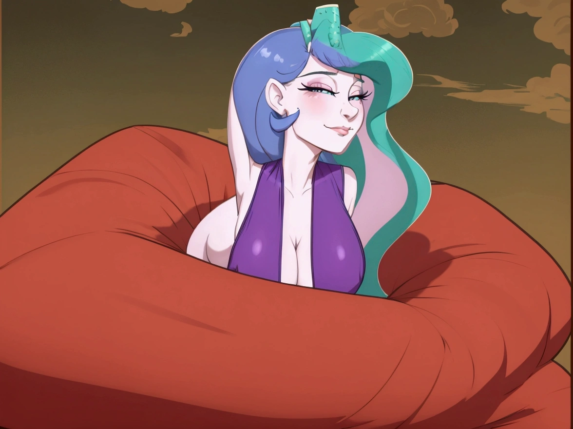 cartoon of a woman with blue hair and a purple dress, holding a pudica pose, sexy pudica pose gesture, windy mane, anthropomorphic mare, doing a hot majestic pose, celestia, serpentine pose, furr covering her chest, scales covering her chest, pudica pose, relaxed pose, wistful bosom, satisfied pose