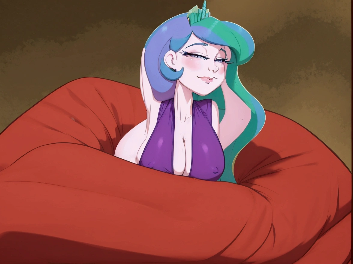 cartoon of a woman with blue hair and a purple dress, holding a pudica pose, sexy pudica pose gesture, windy mane, anthropomorphic mare, doing a hot majestic pose, celestia, serpentine pose, furr covering her chest, scales covering her chest, pudica pose, relaxed pose, wistful bosom, satisfied pose